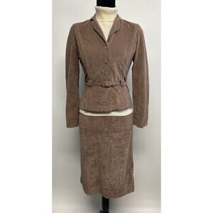 Vintage 1980s Skirt Suit Velvet XS Small Career Wear Brown Tan Business Belted